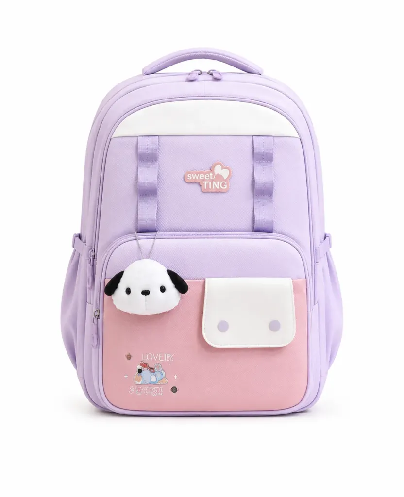 [SAC-PL009] Sac à Dos Scolaire "Happy Time" avec  Peluche Chien - Violet