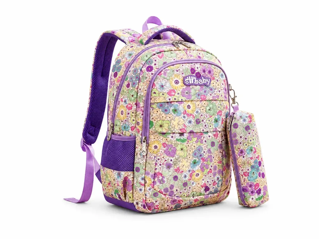 Cartable Fille Fleuri Violet – Avec Trousse Assortie